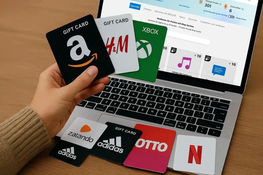 Amazon-Gutschein gratis durch sammeln von Rewards Punkten 1 Gutscheine und Guthabenkarten vor Laptop