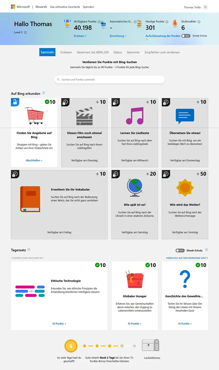 Amazon-Gutschein gratis durch sammeln von Rewards Punkten 2 Microsoft Rewards Punkte Dashboard