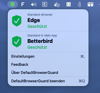DefaultBrowserGuard Menüleiste – Edge und Betterbird geschützt