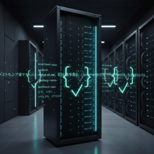 Ein Serverraum mit leuchtenden Code-Symbolen und Häkchen, die über den Racks schweben