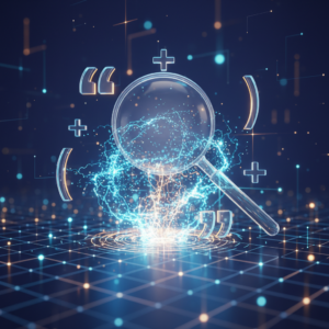 Lupe über leuchtenden Datenpunkten mit mathematischen Symbolen