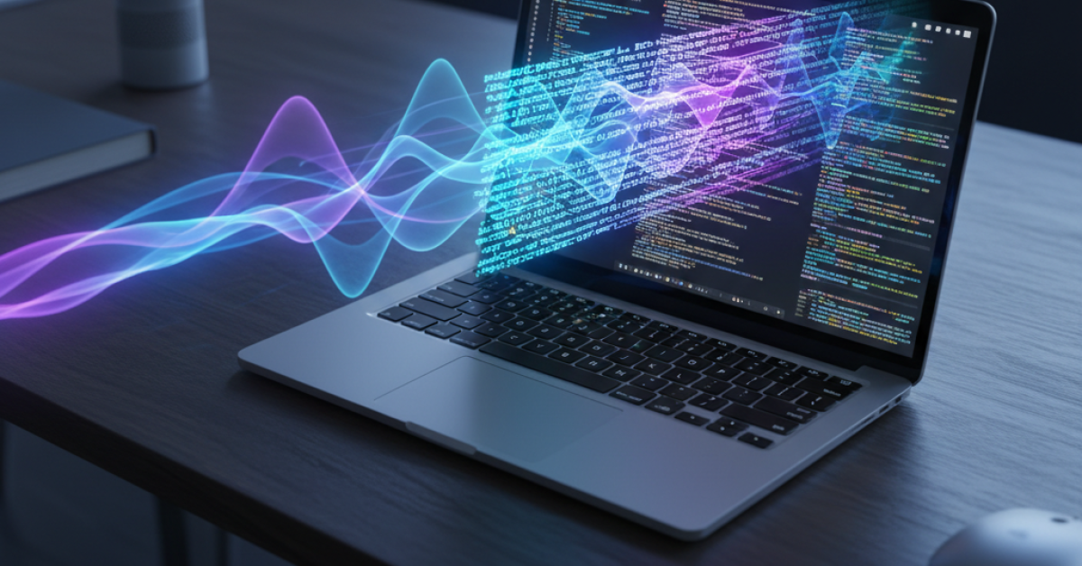 Ein Laptop mit Code und einer leuchtenden Wellenform, die von links nach rechts über den Bildschirm fließt