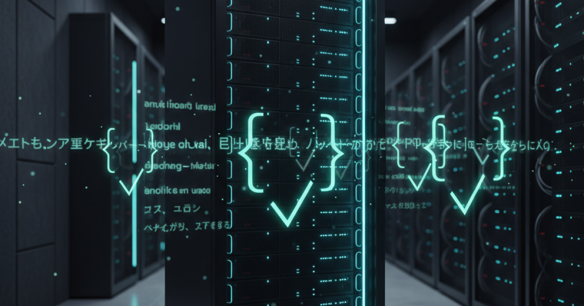 Ein Serverraum mit leuchtenden Code-Symbolen und Häkchen, die über den Racks schweben